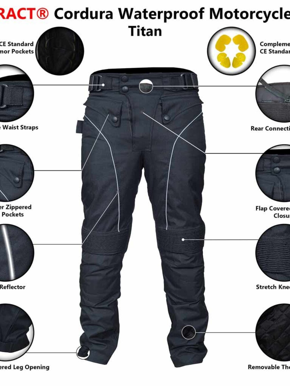 RIDERACT® Men Motorcycle Pants Cordura Waterproof Cargo Titan Black pant  NEW - Picture 4 of 12